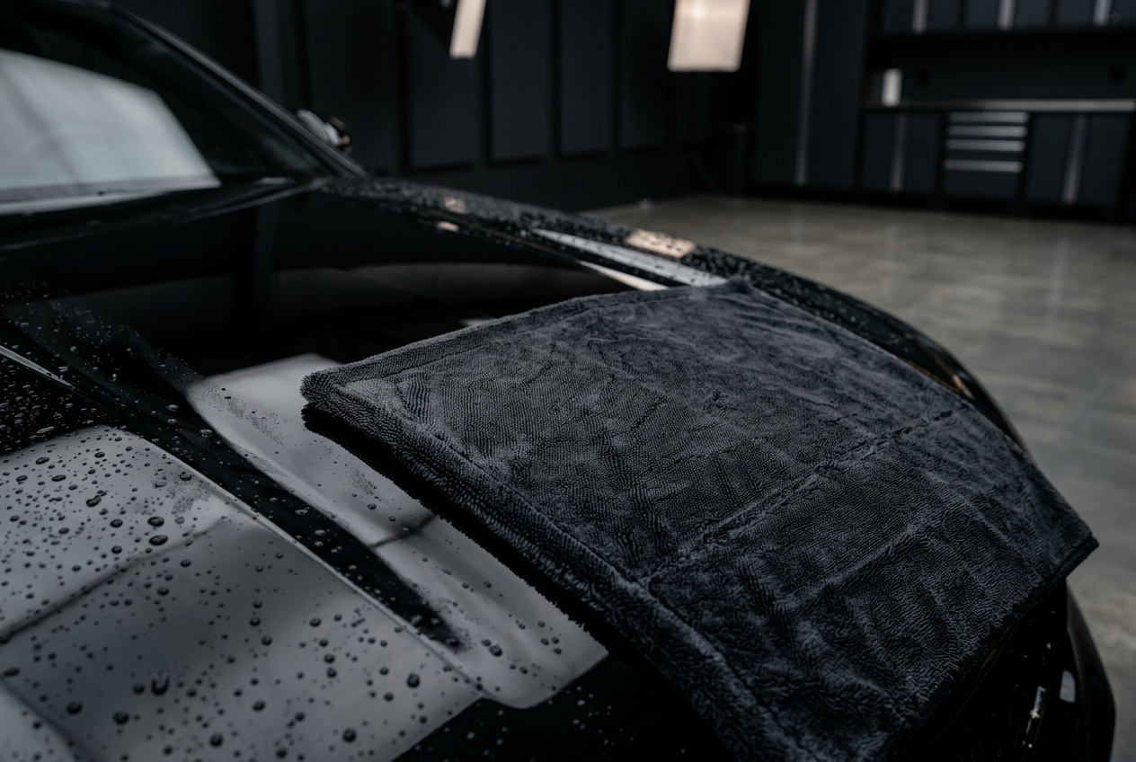 Charcoal microfiber drying towel resting on wet black automotive paint